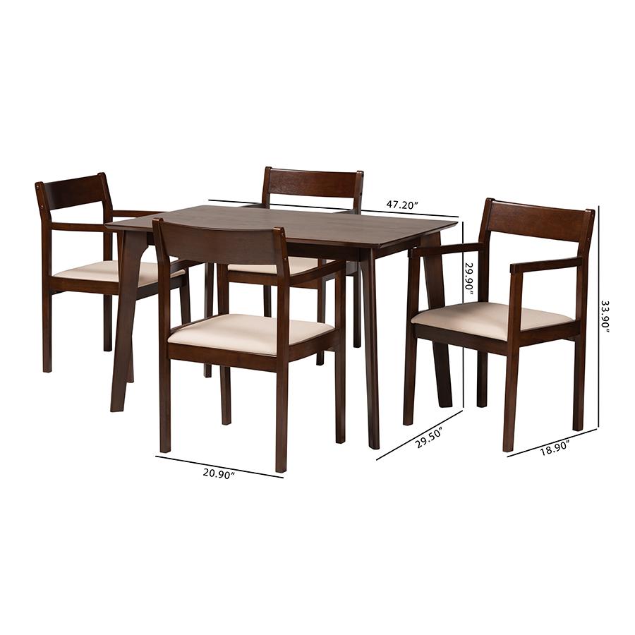 Cream Fabric and Dark Brown Finished Wood 5-Piece Dining Set. Picture 10