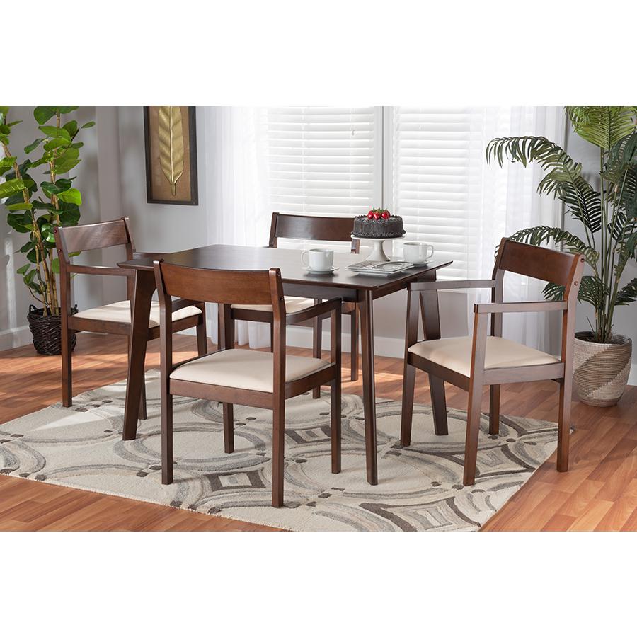 Cream Fabric and Dark Brown Finished Wood 5-Piece Dining Set. Picture 8