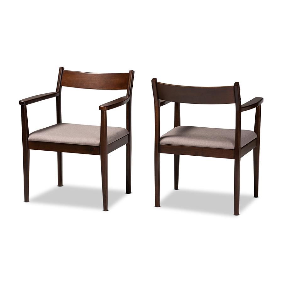 Baxton Studio Coretta Mid-Century Modern Warm Grey Fabric and Dark Brown Finished Wood 2-Piece Dining Chair Set. The main picture.