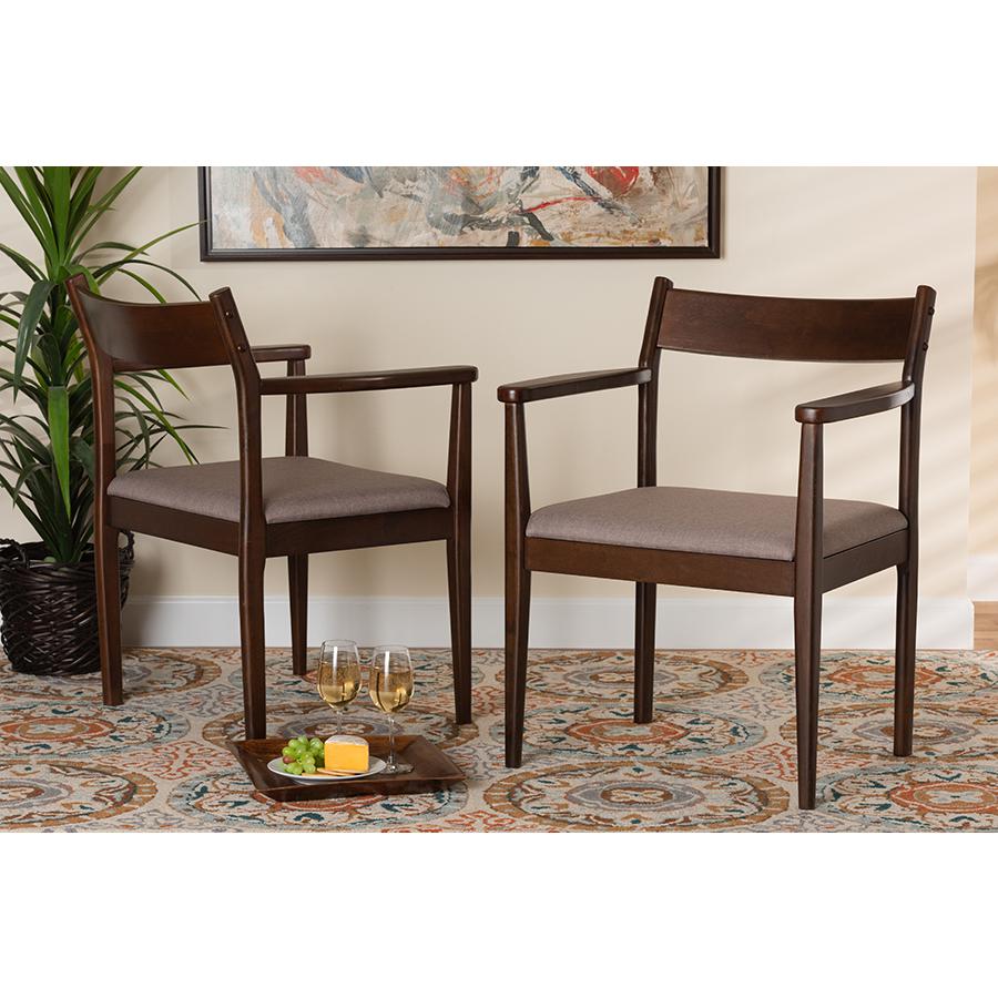 Baxton Studio Coretta Mid-Century Modern Warm Grey Fabric and Dark Brown Finished Wood 2-Piece Dining Chair Set. Picture 2