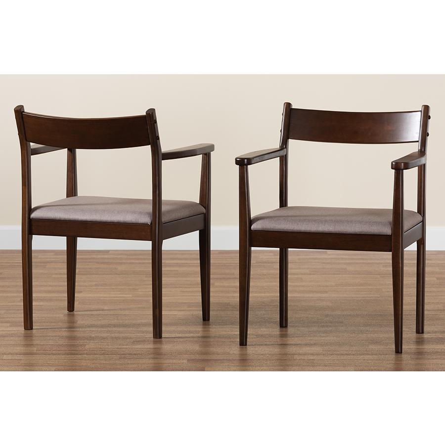 Baxton Studio Coretta Mid-Century Modern Warm Grey Fabric and Dark Brown Finished Wood 2-Piece Dining Chair Set. Picture 9