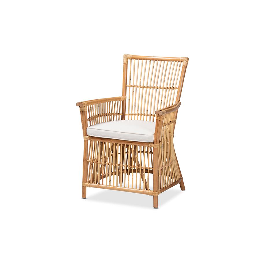 Bohemian White Fabric Upholstered and Natural Brown Rattan Armchair. Picture 1