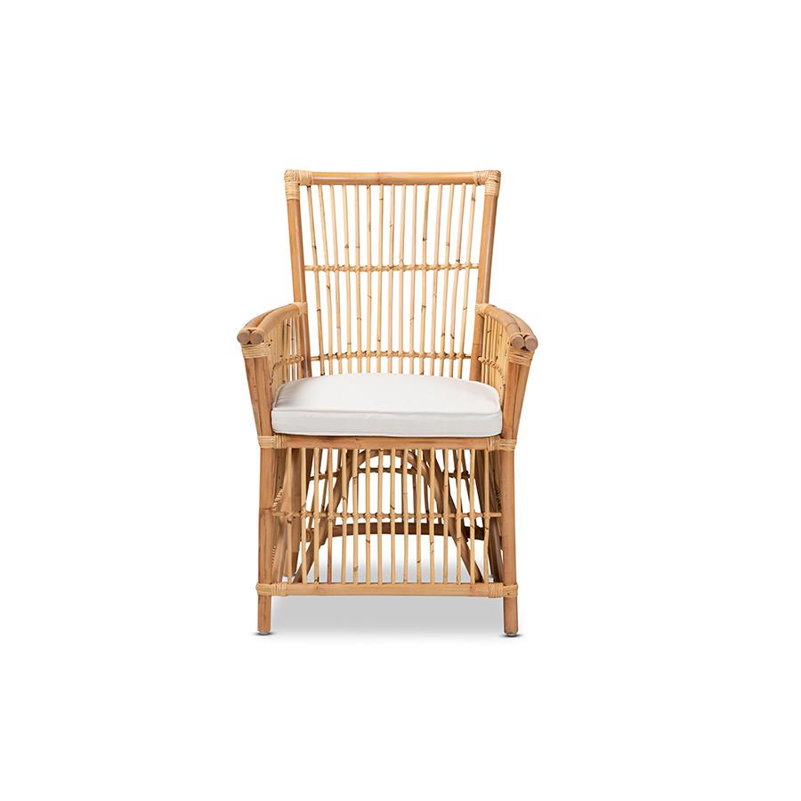 Bohemian White Fabric Upholstered and Natural Brown Rattan Armchair. Picture 2
