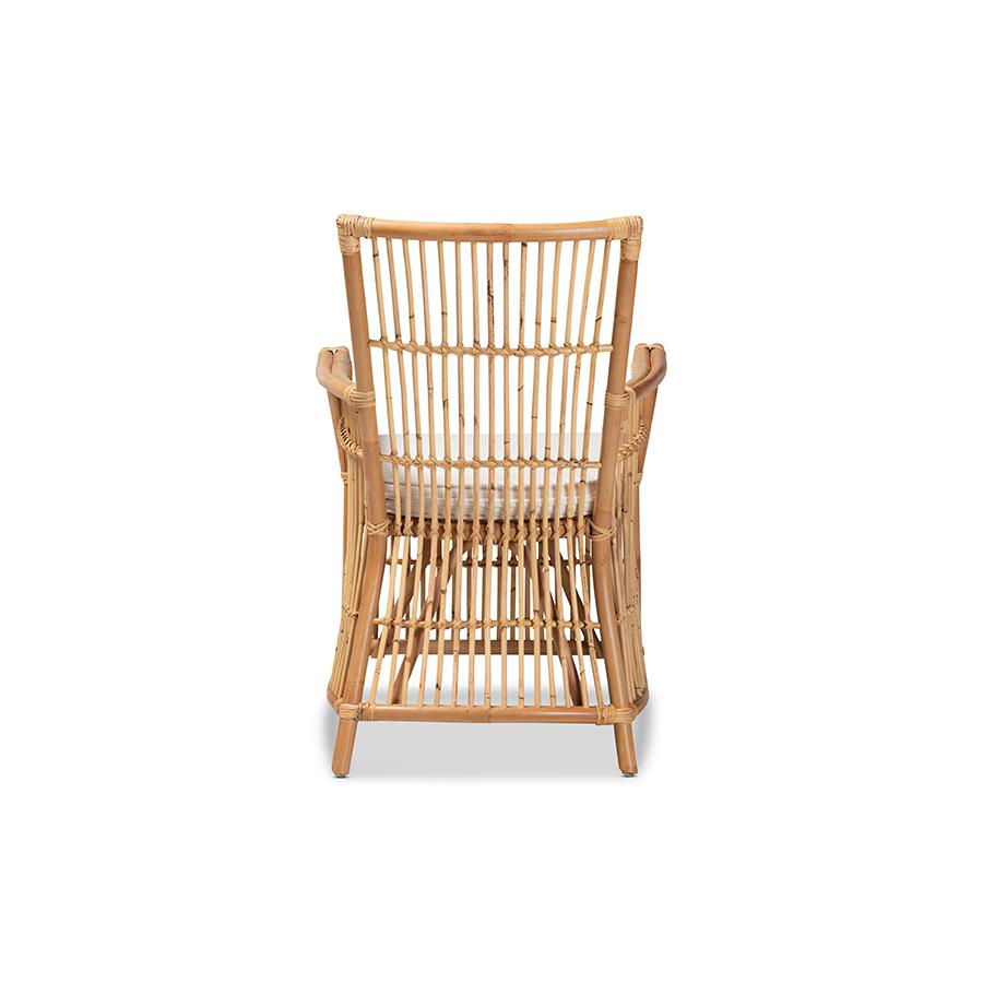 Bohemian White Fabric Upholstered and Natural Brown Rattan Armchair. Picture 4