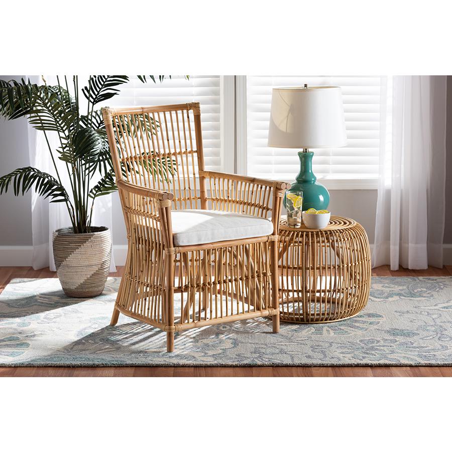 Bohemian White Fabric Upholstered and Natural Brown Rattan Armchair. Picture 8