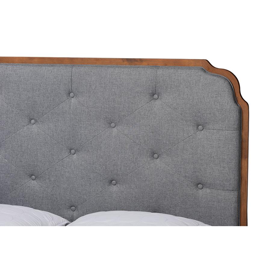 Grey Fabric and Walnut Brown Wood Queen Size Platform Bed. Picture 4