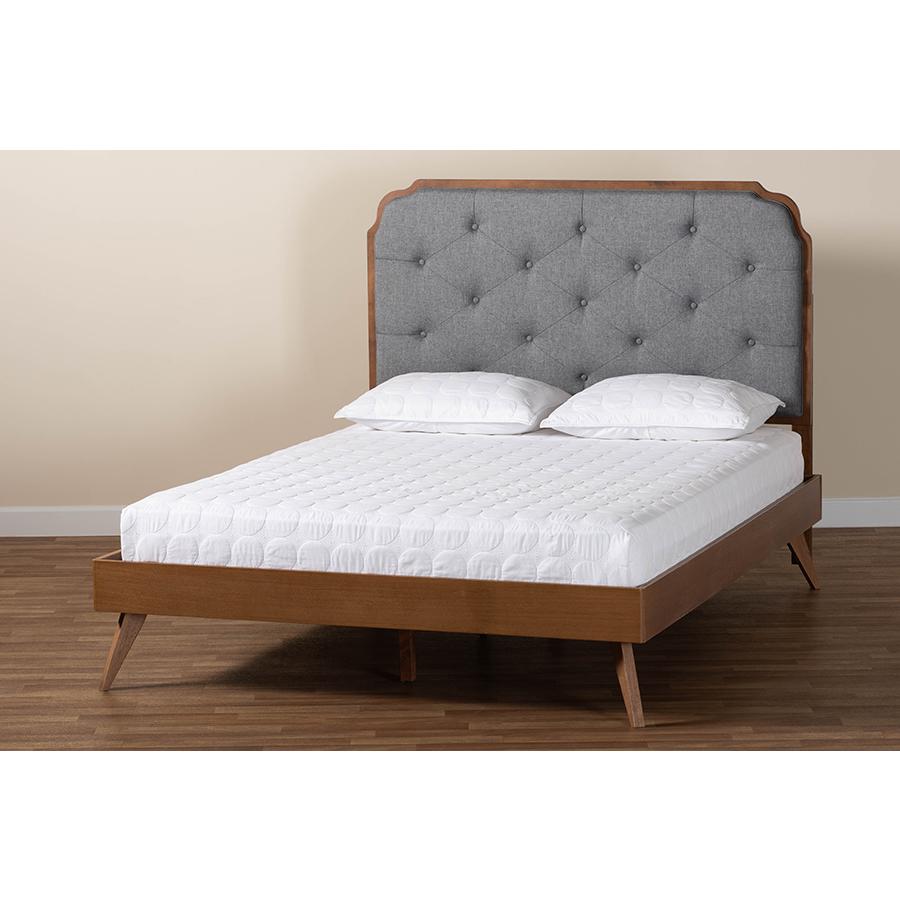 Grey Fabric and Walnut Brown Wood Queen Size Platform Bed. Picture 8