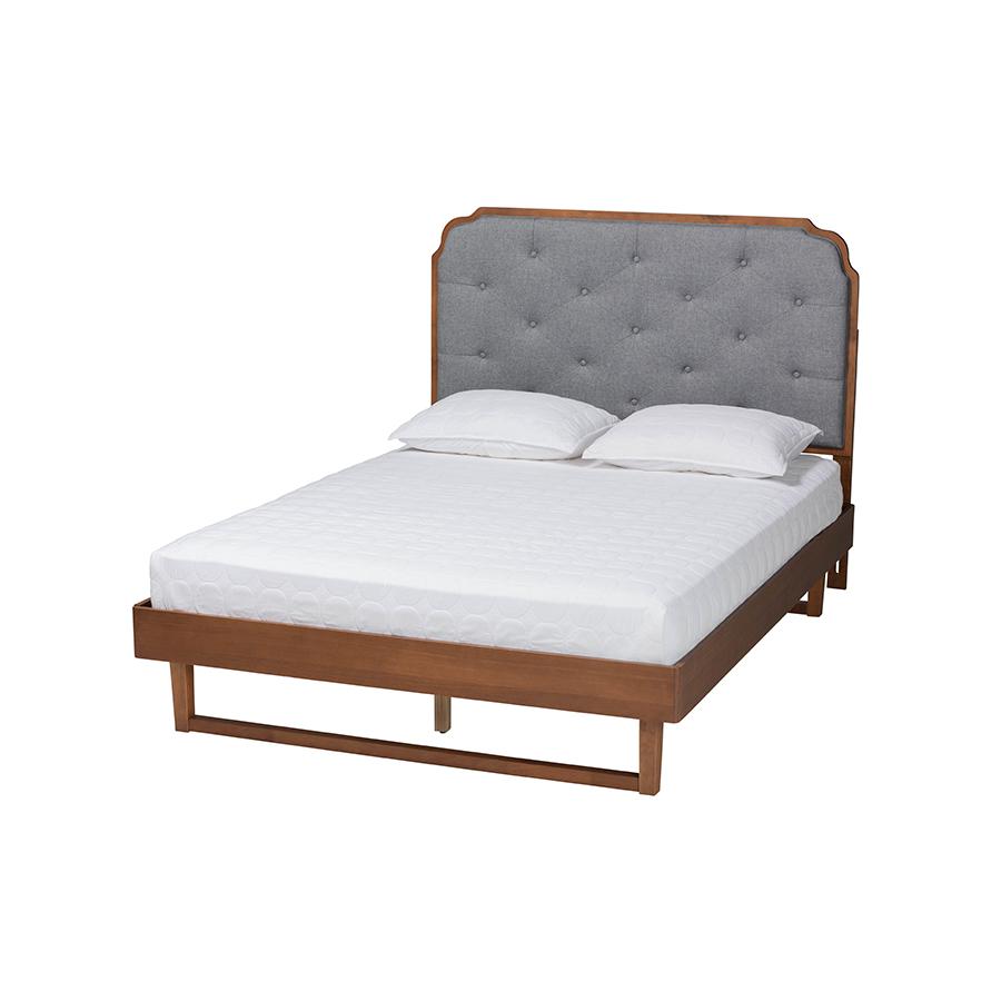 Grey Fabric and Walnut Brown Wood Queen Size Platform Bed. Picture 1