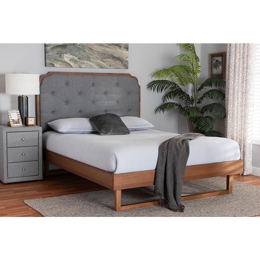 Grey Fabric and Walnut Brown Wood Queen Size Platform Bed. Picture 7