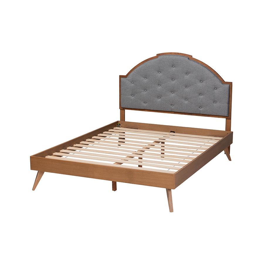 Grey Fabric and Walnut Brown Wood Queen Size Platform Bed. Picture 3