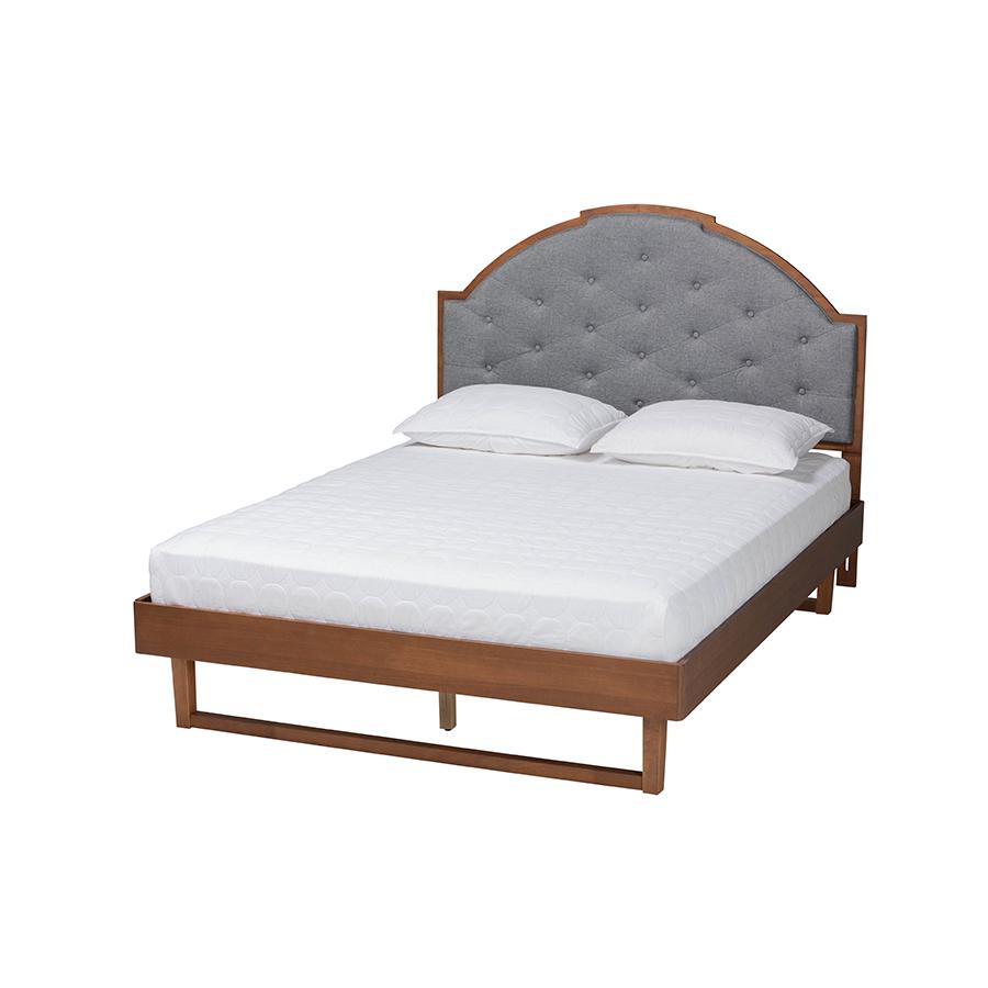 Grey Fabric and Walnut Brown Wood Queen Size Platform Bed. Picture 1