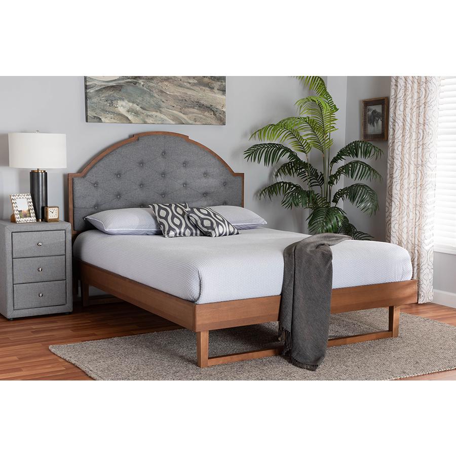 Grey Fabric and Walnut Brown Wood Queen Size Platform Bed. Picture 7