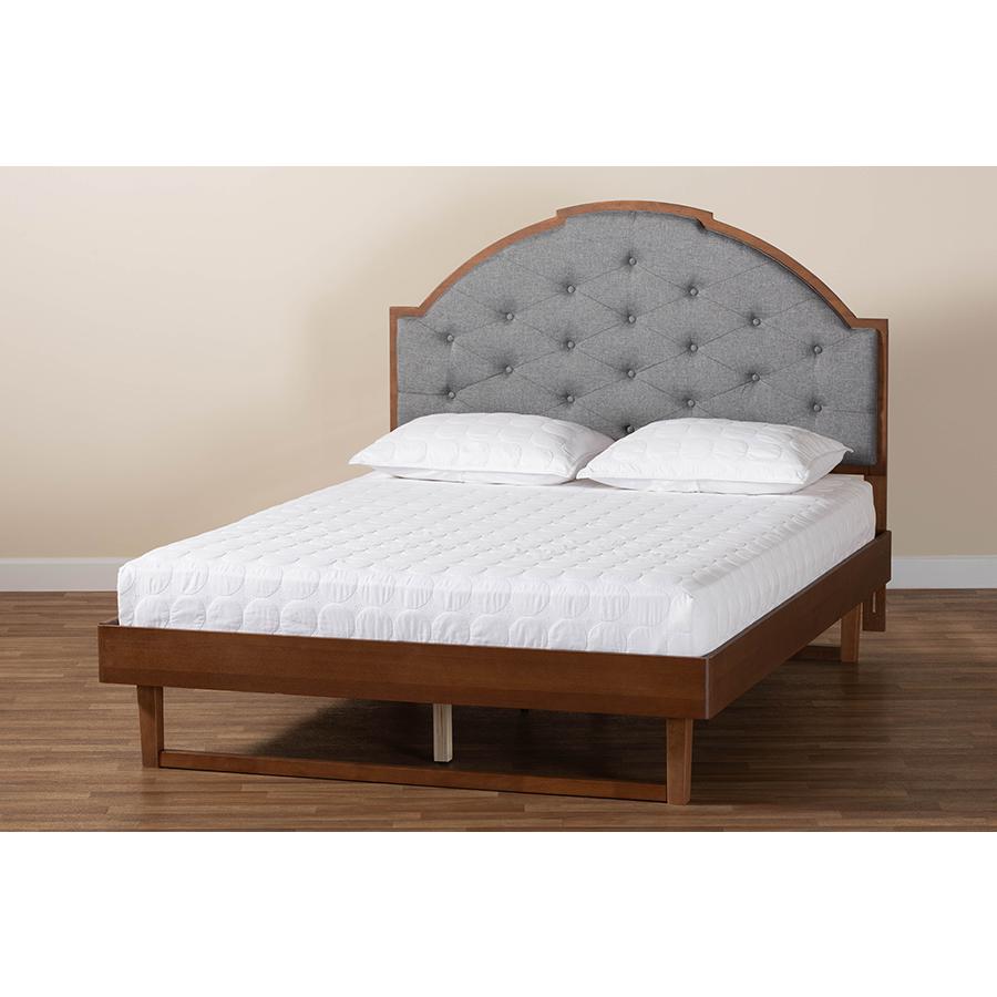 Grey Fabric and Walnut Brown Wood Queen Size Platform Bed. Picture 8