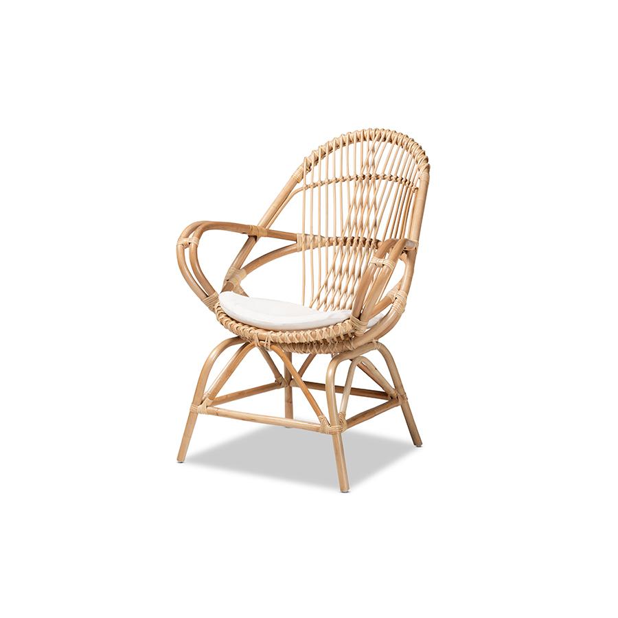 Baxton Studio Jayden Modern Bohemian White Fabric Upholstered and Natural Brown Finished Rattan Accent Chair. The main picture.