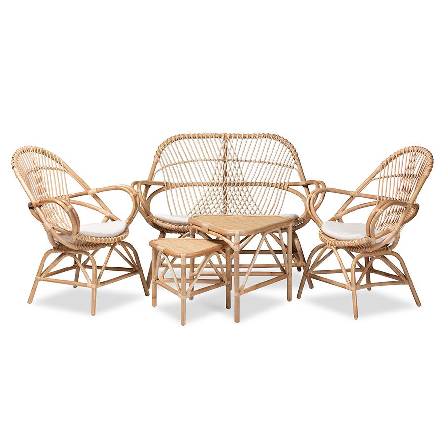 Baxton Studio Jayden Modern Bohemian White Fabric Upholstered and Natural Brown Finished Rattan 5-Piece Living Room Set. Picture 1