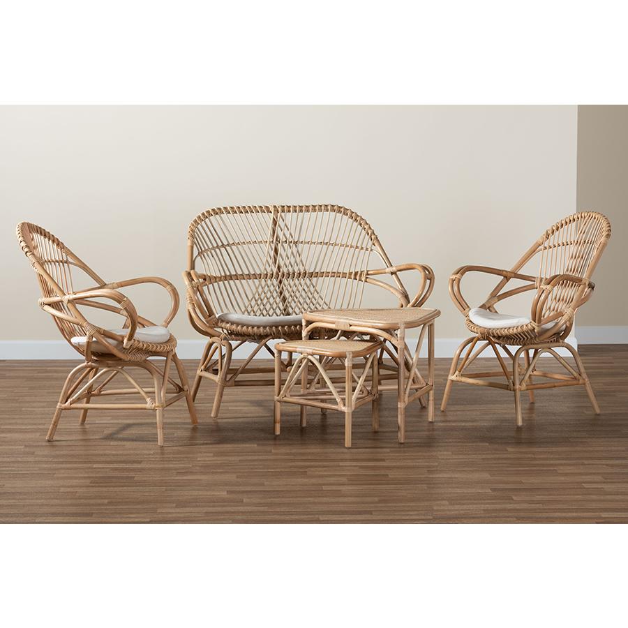 Baxton Studio Jayden Modern Bohemian White Fabric Upholstered and Natural Brown Finished Rattan 5-Piece Living Room Set. Picture 11