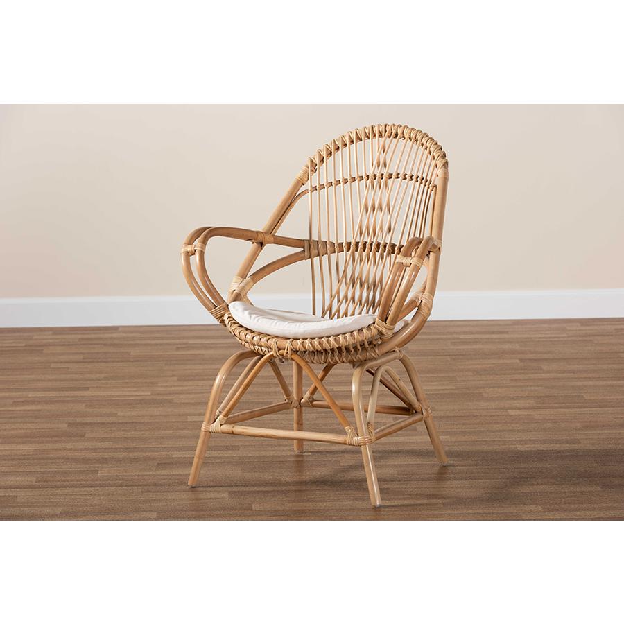Baxton Studio Jayden Modern Bohemian White Fabric Upholstered and Natural Brown Finished Rattan Accent Chair. Picture 10
