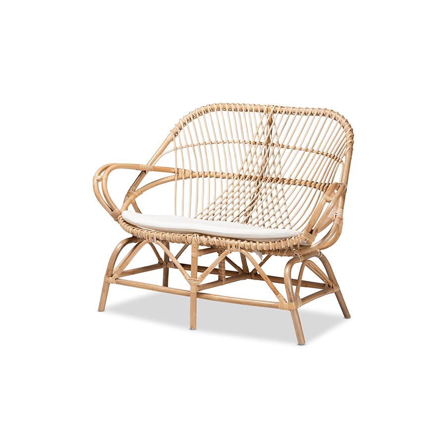 Baxton Studio Jayden Modern Bohemian White Fabric Upholstered and Natural Brown Finished Rattan Loveseat. The main picture.