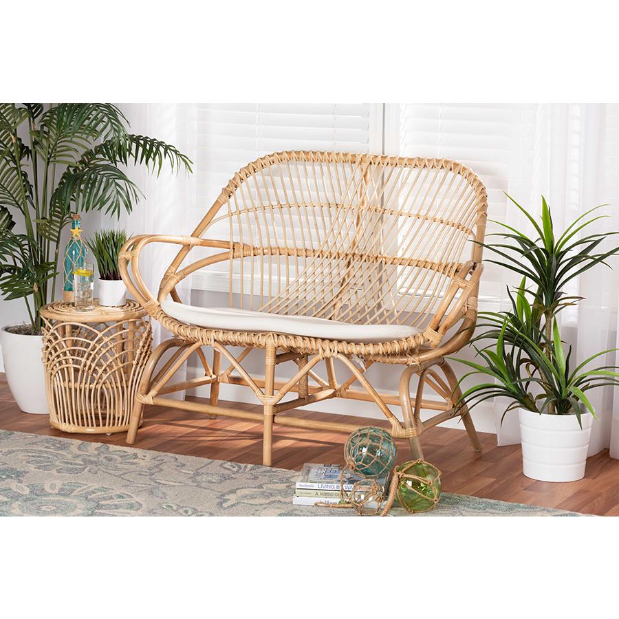 Baxton Studio Jayden Modern Bohemian White Fabric Upholstered and Natural Brown Finished Rattan Loveseat. Picture 2