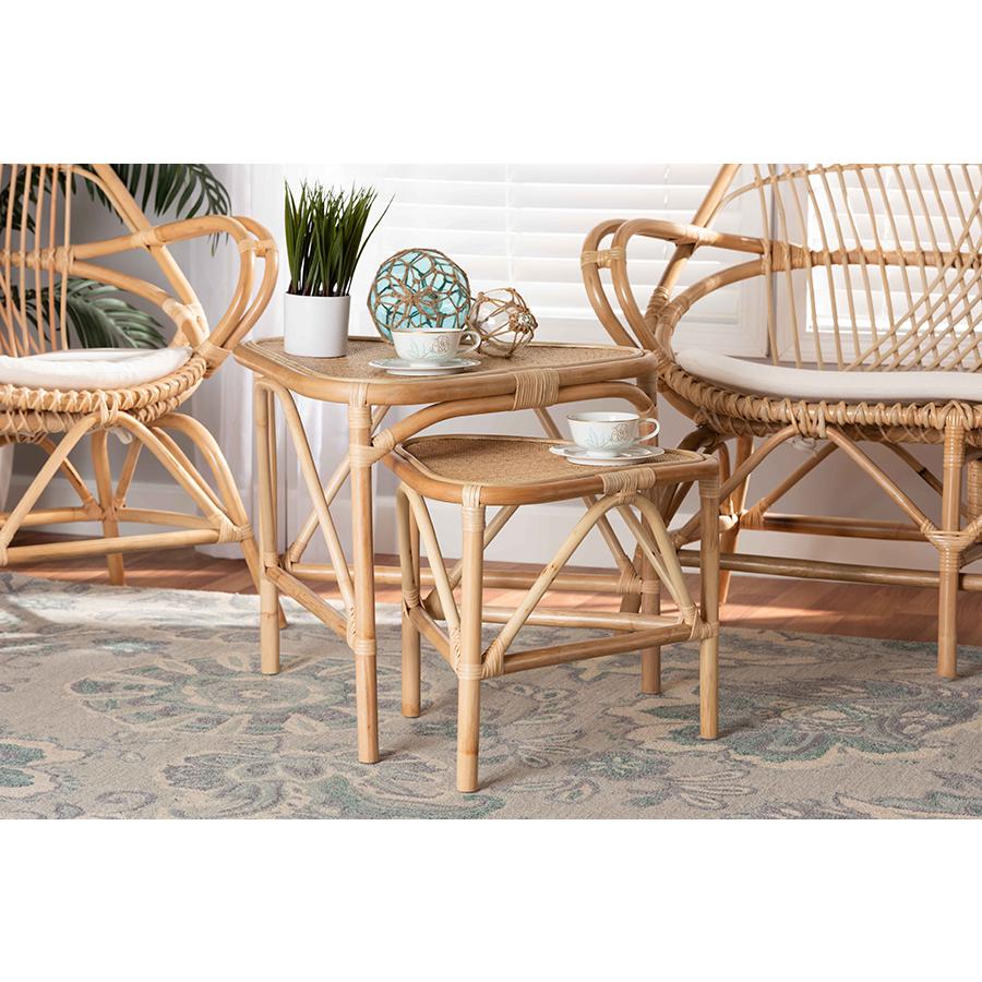 Bohemian Natural Brown Finished Rattan 2-Piece End Table Set. Picture 6