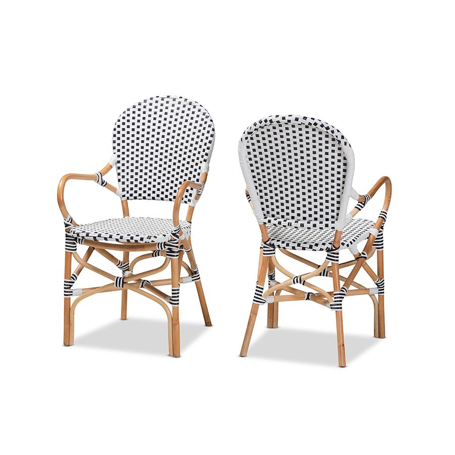 Baxton Studio Naila Classic French Black and White Weaving and Natural Brown Rattan 2-Piece Indoor and Outdoor Bistro Chair Set. Picture 1