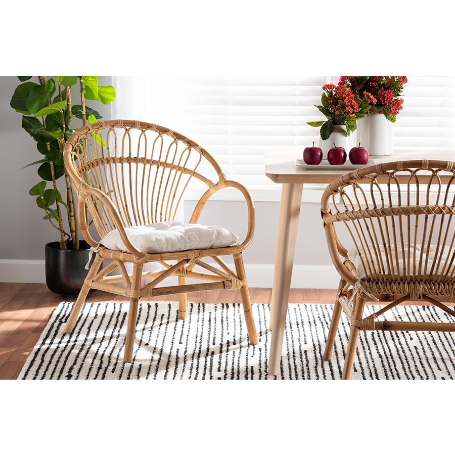 Boho Chic Bamboo Rattan Side Chair With Circular Brown Seat Cushion