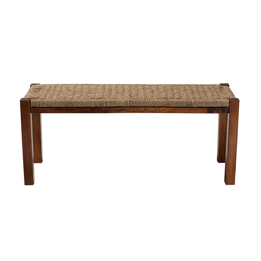 Transitional Natural Seagrass and Mahogany Wood Bench. Picture 2