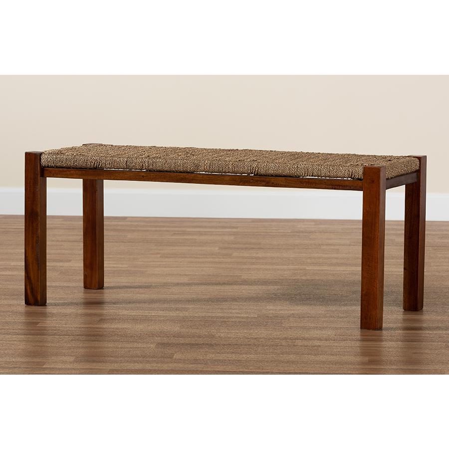 Transitional Natural Seagrass and Mahogany Wood Bench. Picture 7