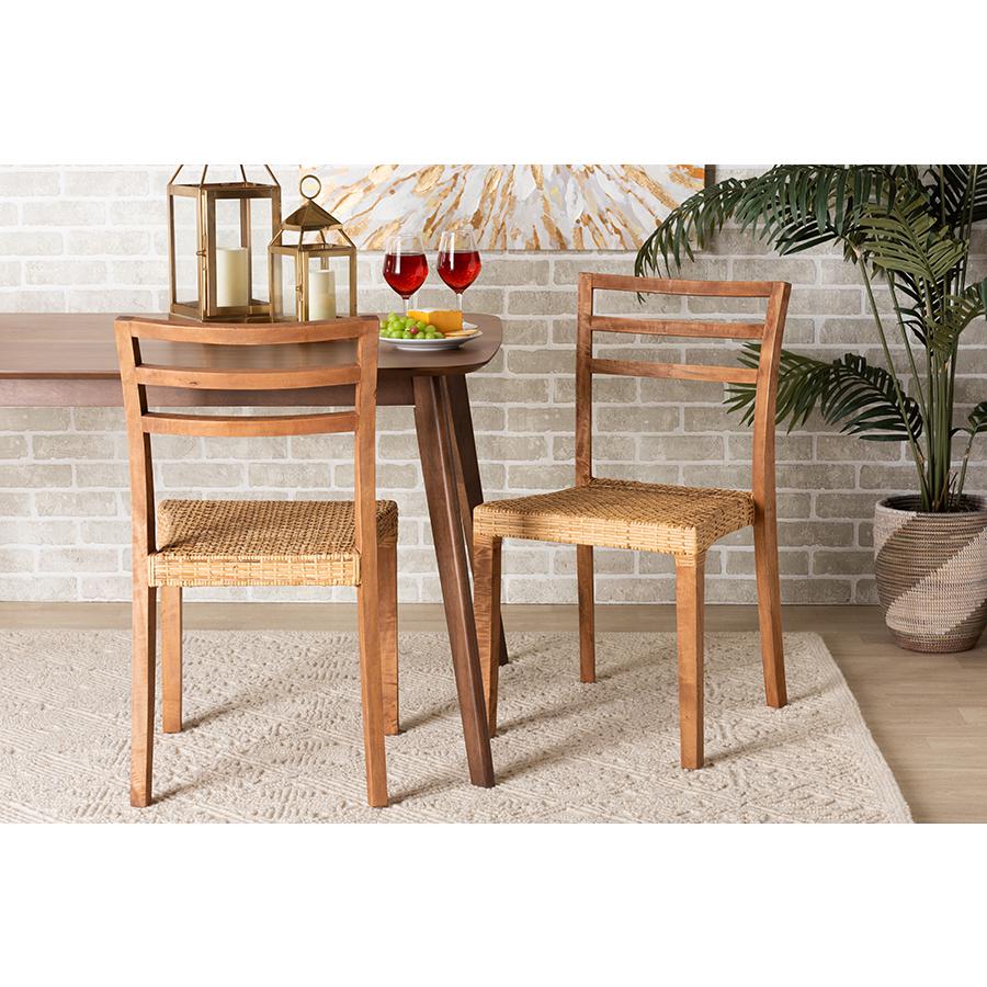 Walnut Brown Mahogany Wood and Natural Rattan 2-Piece Dining Chair Set. Picture 7