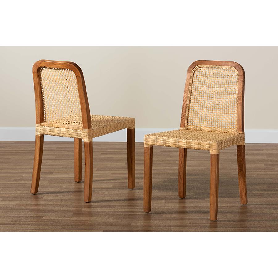 Walnut Brown Mahogany Wood and Natural Rattan 2-Piece Dining Chair Set. Picture 8