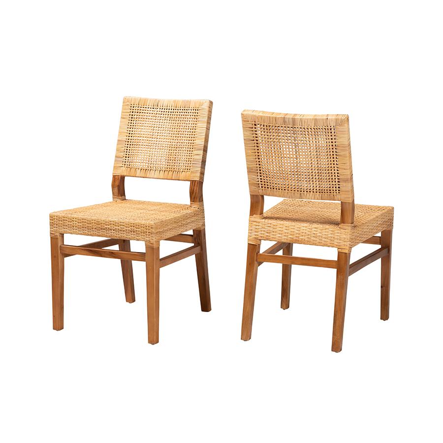 Baxton Studio Lesia Modern Bohemian Natural Brown Rattan and Walnut Brown Finished Wood 2-Piece Dining Chair Set. The main picture.