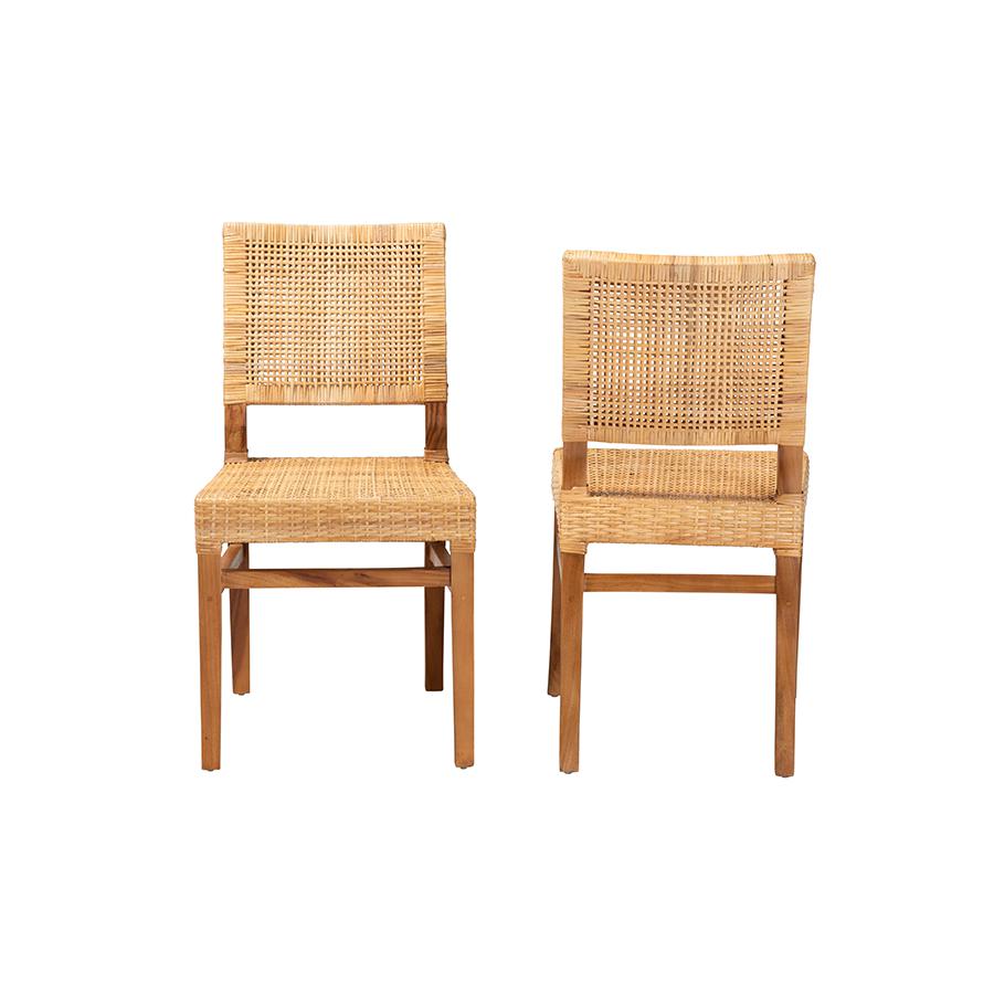 Baxton Studio Lesia Modern Bohemian Natural Brown Rattan and Walnut Brown Finished Wood 2-Piece Dining Chair Set. Picture 2