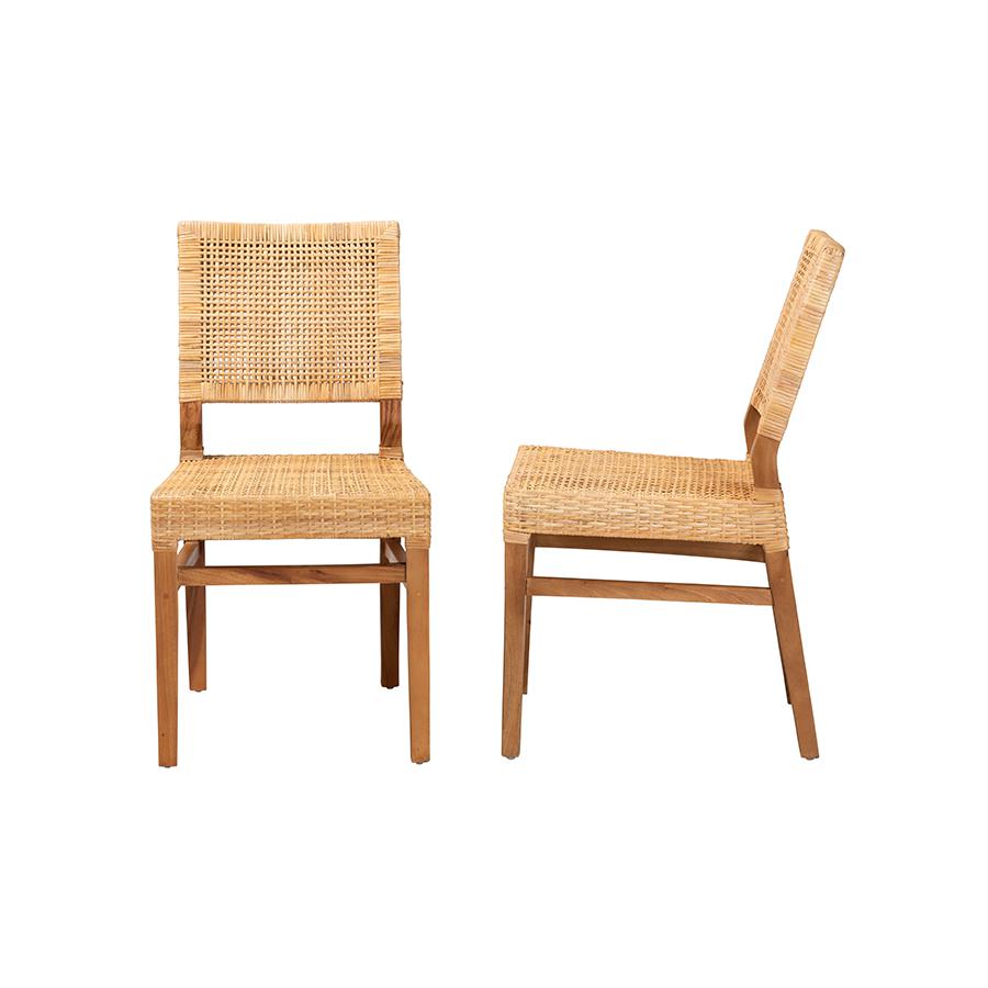 Baxton Studio Lesia Modern Bohemian Natural Brown Rattan and Walnut Brown Finished Wood 2-Piece Dining Chair Set. Picture 3