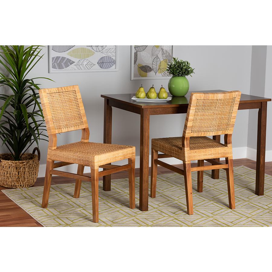 Baxton Studio Lesia Modern Bohemian Natural Brown Rattan and Walnut Brown Finished Wood 2-Piece Dining Chair Set. Picture 7