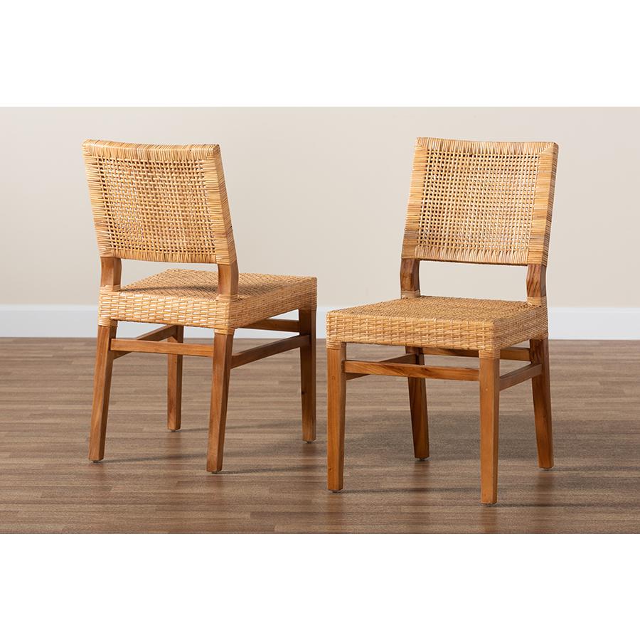 Baxton Studio Lesia Modern Bohemian Natural Brown Rattan and Walnut Brown Finished Wood 2-Piece Dining Chair Set. Picture 8
