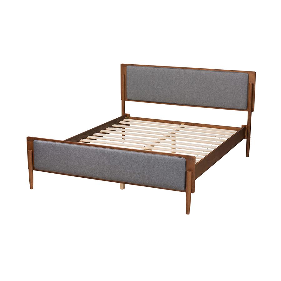Grey Fabric and Ash Walnut Finished Wood Queen Size Platform Bed. Picture 3
