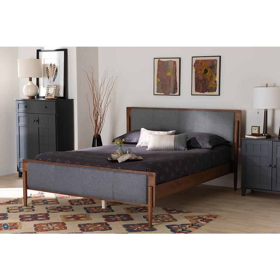 Grey Fabric and Ash Walnut Finished Wood Queen Size Platform Bed. Picture 7