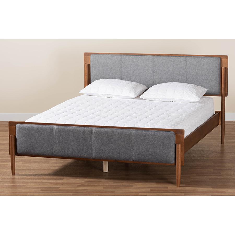 Grey Fabric and Ash Walnut Finished Wood Queen Size Platform Bed. Picture 8