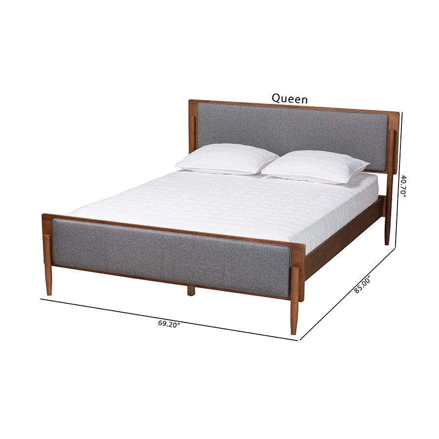 Grey Fabric and Ash Walnut Finished Wood Queen Size Platform Bed. Picture 9
