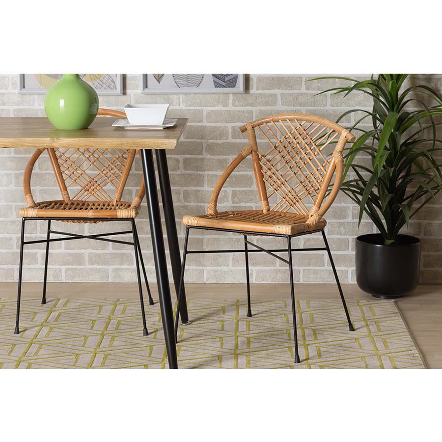Bohemian Natural Brown Rattan and Black Metal 2-Piece Dining Chair Set. Picture 7