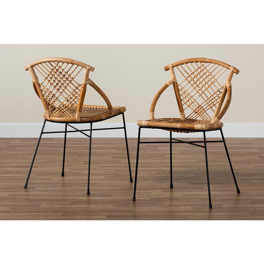 Bohemian Natural Brown Rattan and Black Metal 2-Piece Dining Chair Set. Picture 8