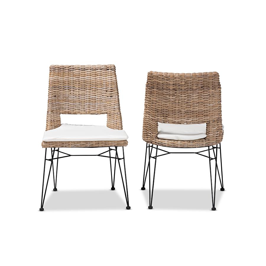 Bohemian Greywashed Natural Rattan Metal Dining Chair with Cushion 2-Piece Set. Picture 2