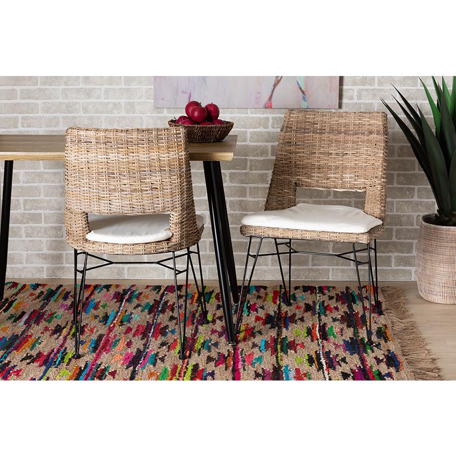 Bohemian Greywashed Natural Rattan Metal Dining Chair with Cushion 2-Piece Set. Picture 7