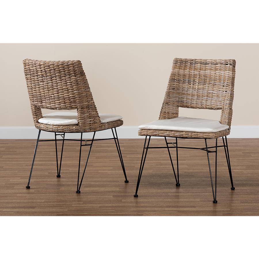 Bohemian Greywashed Natural Rattan Metal Dining Chair with Cushion 2-Piece Set. Picture 8