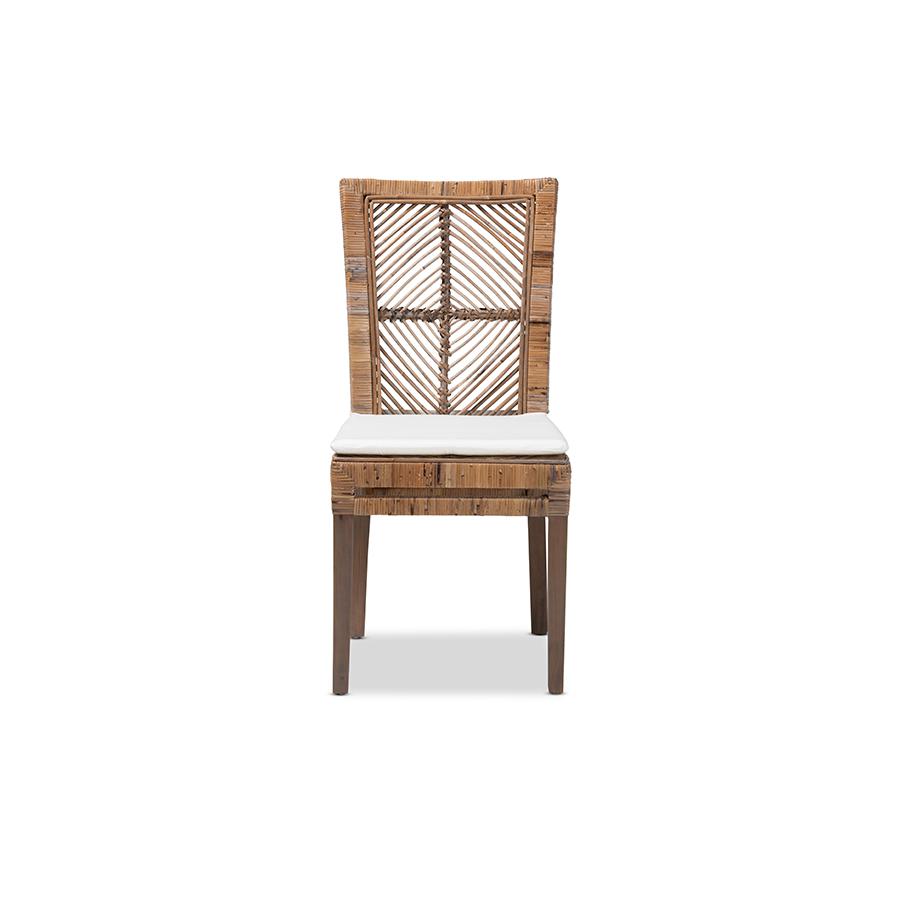 Bohemian Greywashed Natural Rattan and Mahogany Dining Chair with Cushion. Picture 2