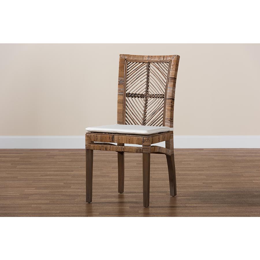 Bohemian Greywashed Natural Rattan and Mahogany Dining Chair with Cushion. Picture 9
