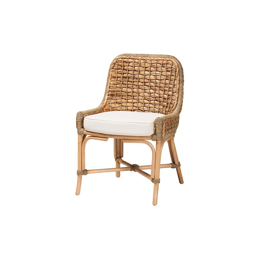Bohemian Natural Brown Woven Rattan Dining Side Chair With Cushion. Picture 1