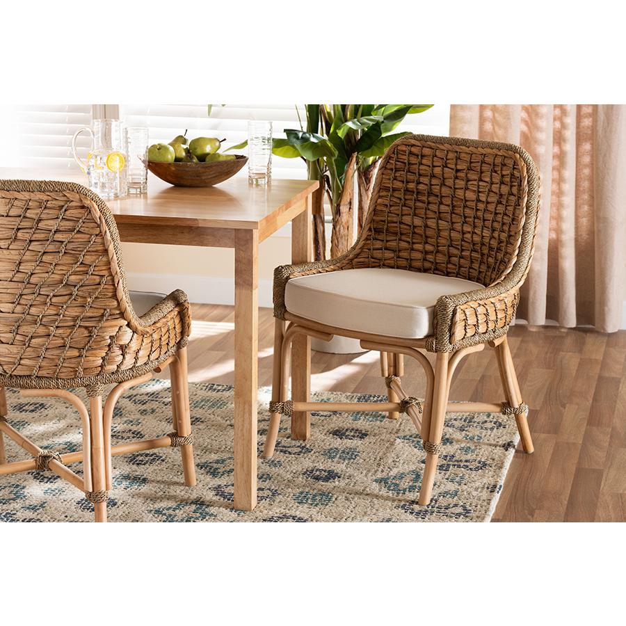Bohemian Natural Brown Woven Rattan Dining Side Chair With Cushion. Picture 8