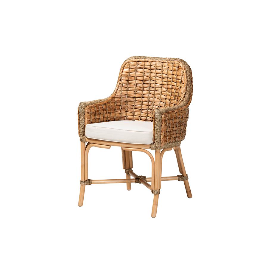 Bohemian Natural Brown Woven Rattan Dining Arm Chair with Cushion. Picture 1