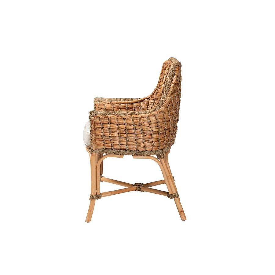 Bohemian Natural Brown Woven Rattan Dining Arm Chair with Cushion. Picture 3